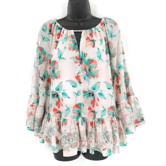 Kaari Blue Sz L Multi Pink Floral Santorini 3/4 Sleeve Ruffle Front Tie Top Lace - Picture 2 of 13